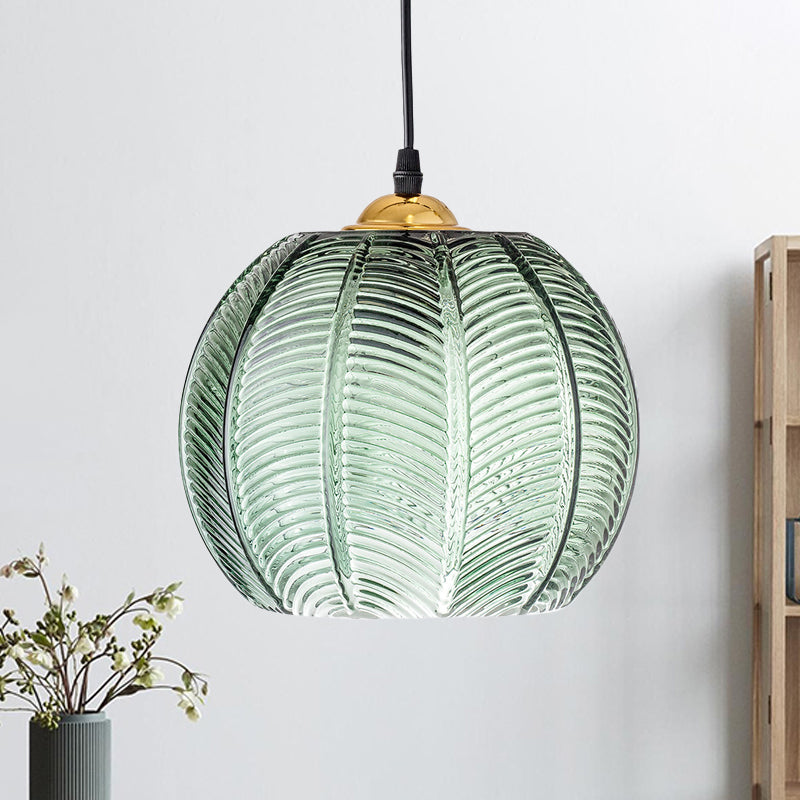Suspension en verre strié vert | Forme citrouille rétro