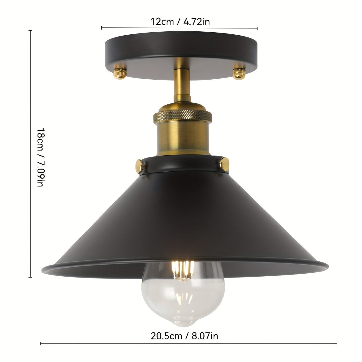 Plafonnier industriel noir mat | Abat-jour conique E27, 20 cm