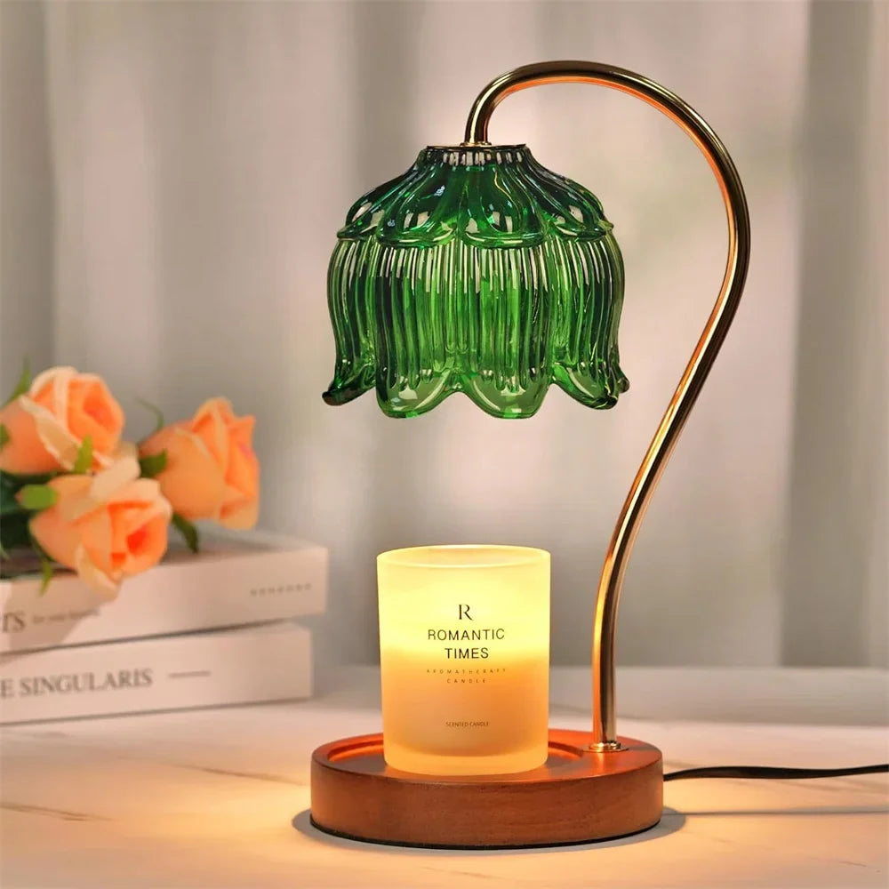 Lampe chauffe-bougie | Verre rétro et bois massif, 3 finitions