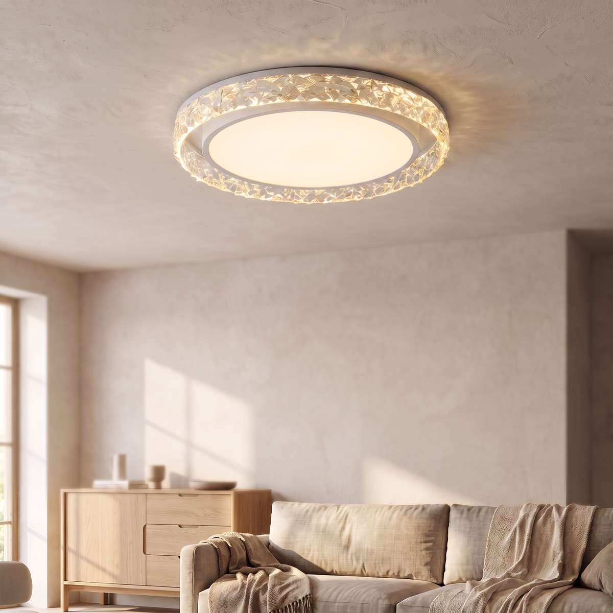 Plafonnier LED anneau de cristal, blanc, salon scandinave