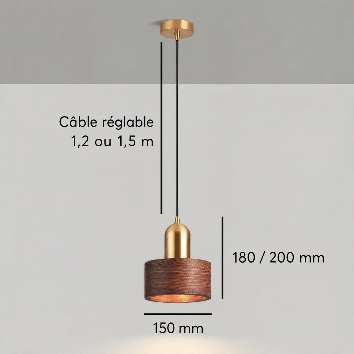 Suspension cylindrique noyer et laiton – dimensions et câble réglable