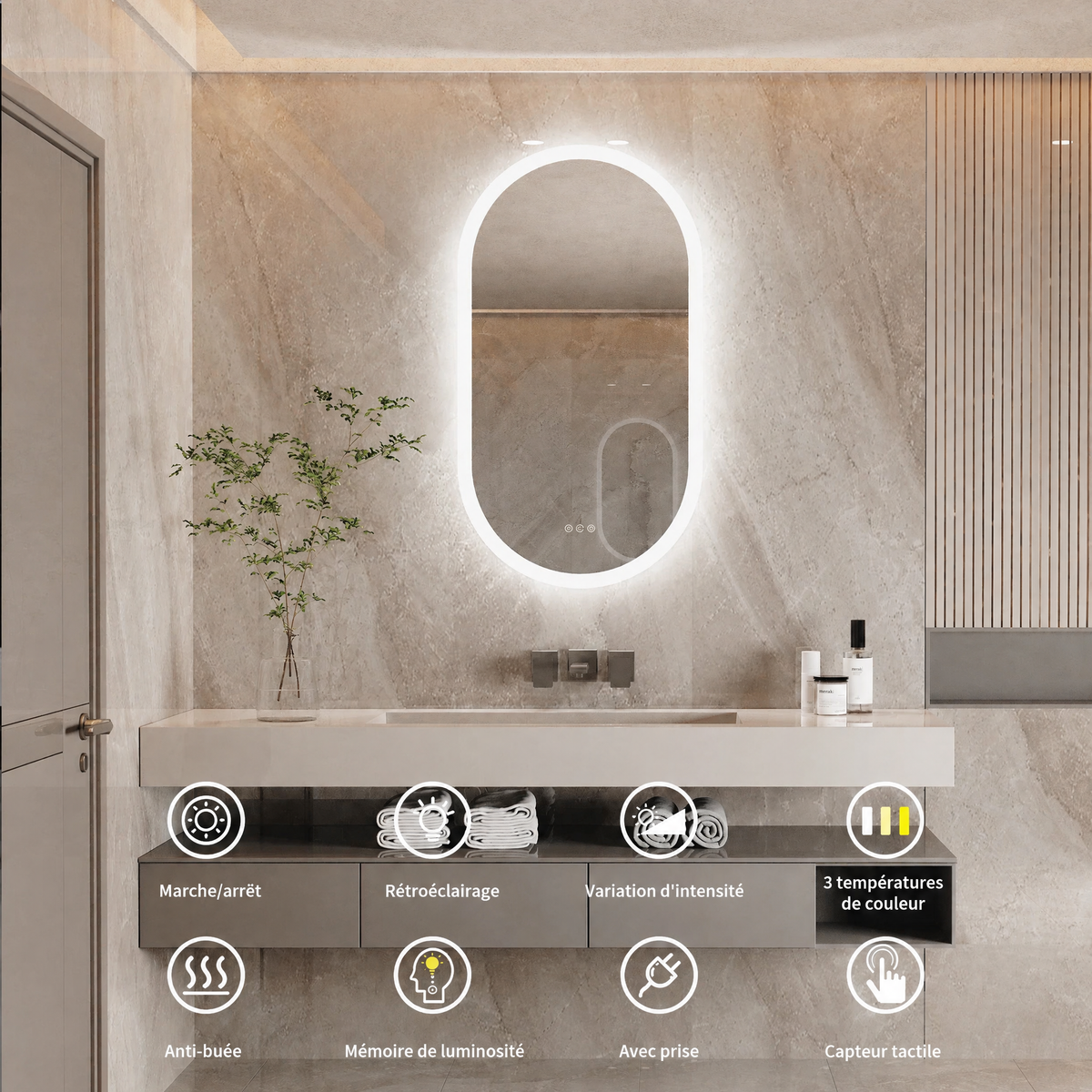 Miroir LED ovale LumoOval – fonctions : anti-buée, variation d'intensité, 3 températures de couleur