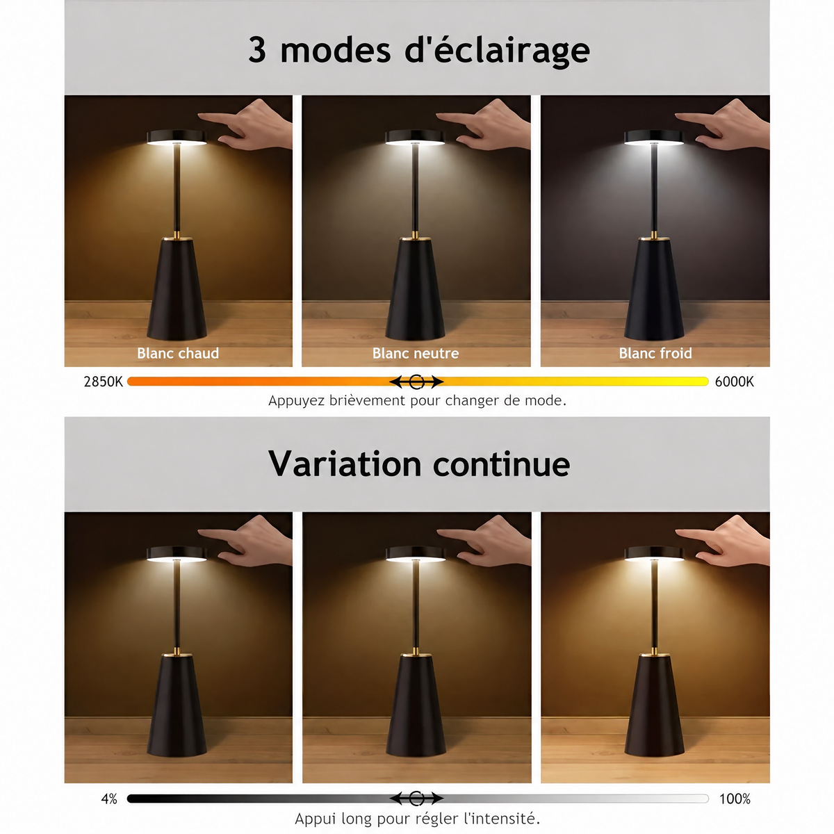 Lampe à poser Sleek sans fil – 3 modes d'éclairage et variation continue
