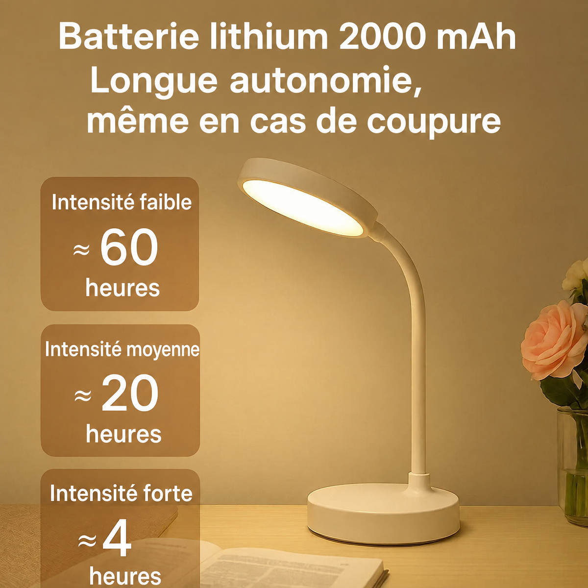 Lampe de bureau LED USB – batterie lithium 2000 mAh, autonomie