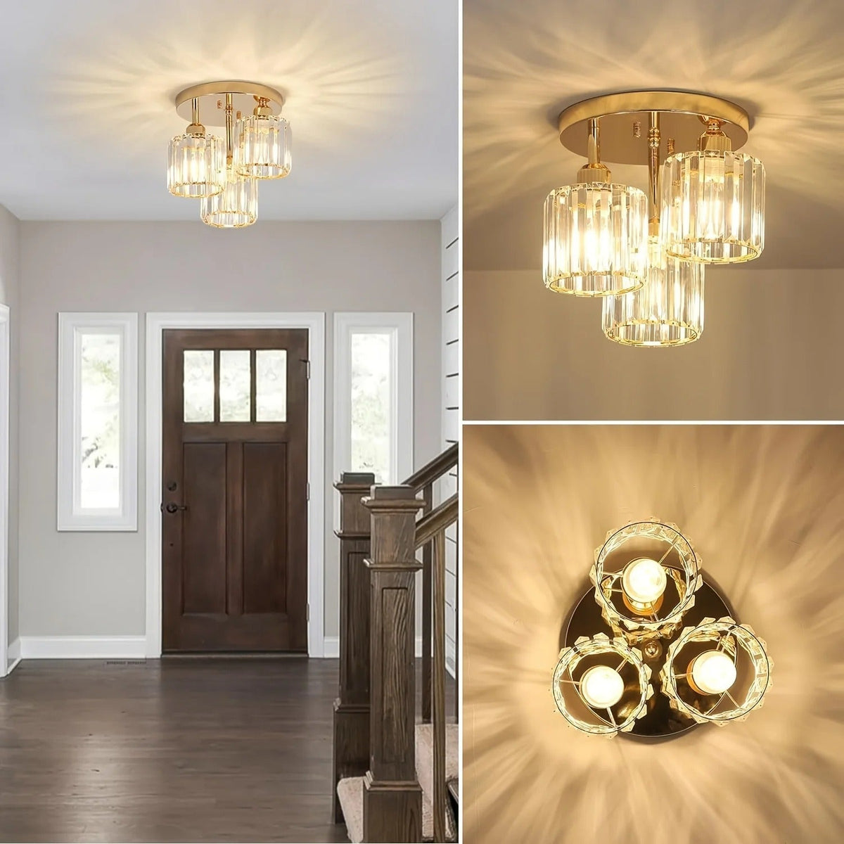 Plafonnier en cristal doré | 3 lumières, semi-encastré