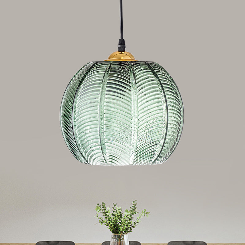 Suspension en verre strié vert | Forme citrouille rétro
