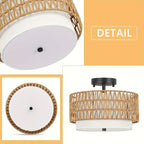 Plafonnier boho en rotin | Semi-encastré, lin, Ø 32 cm