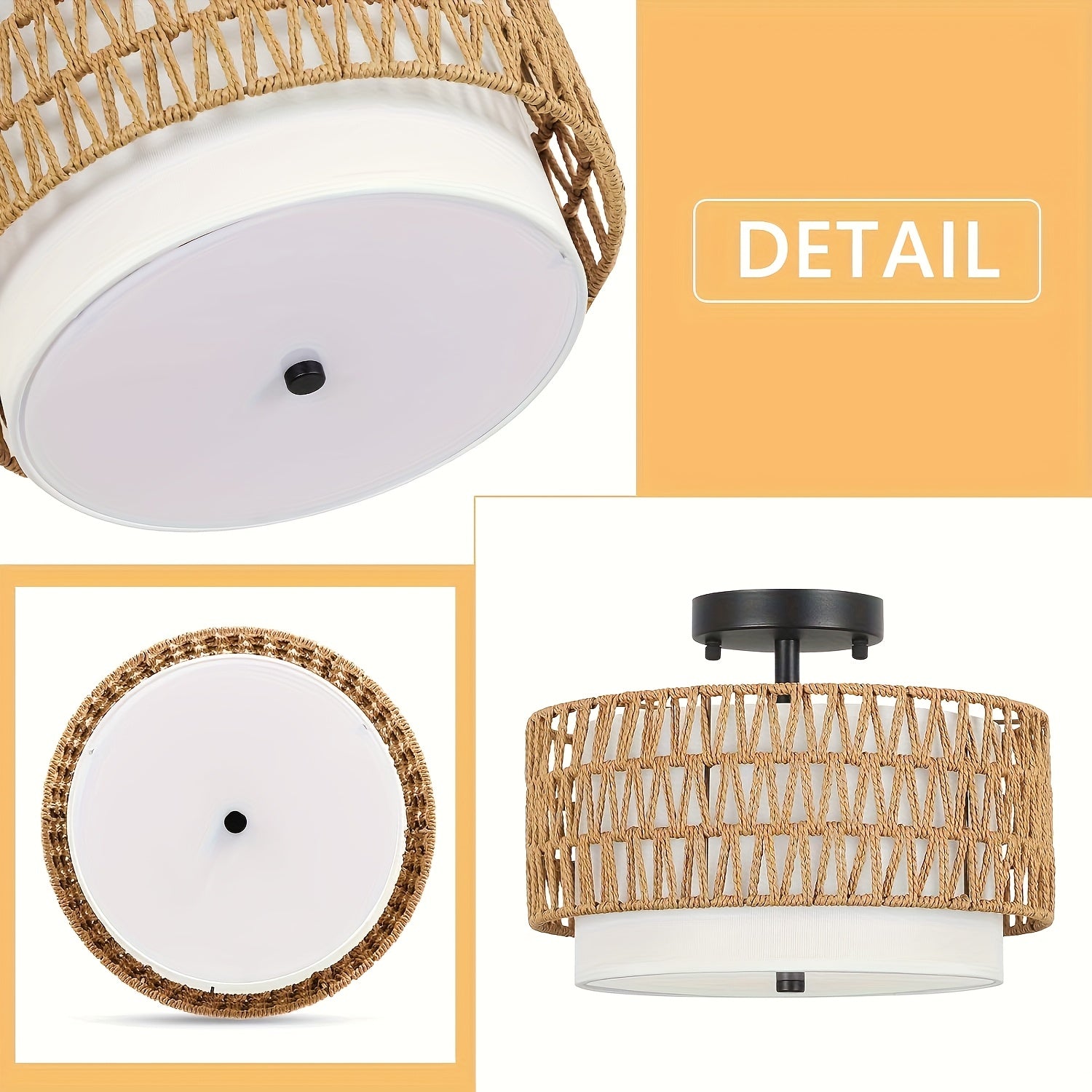 Plafonnier boho en rotin | Semi-encastré, lin, Ø 32 cm