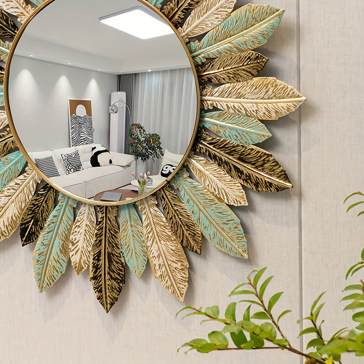 Miroir mural soleil bohème | Métal bleu canard et doré