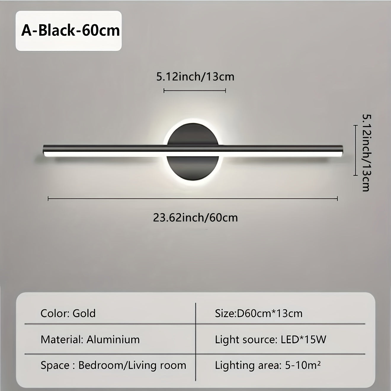 Applique LED pour miroir 60 cm | Barre linéaire noire ou dorée