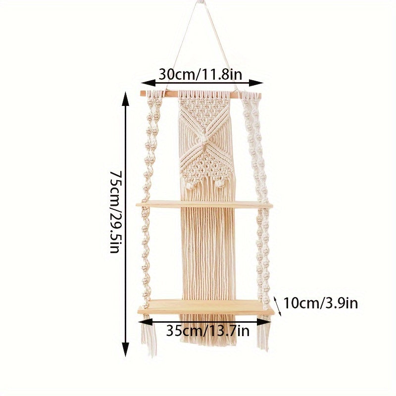 Étagère murale en macramé bohème | 2 niveaux, 75 × 35 cm