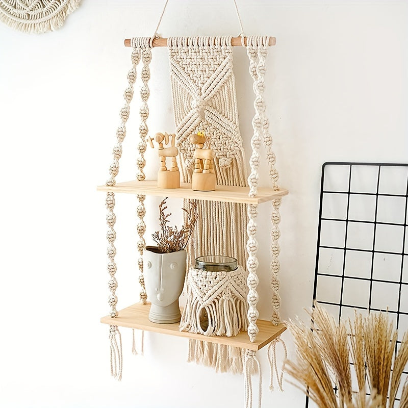 Étagère murale en macramé bohème | 2 niveaux, 75 × 35 cm