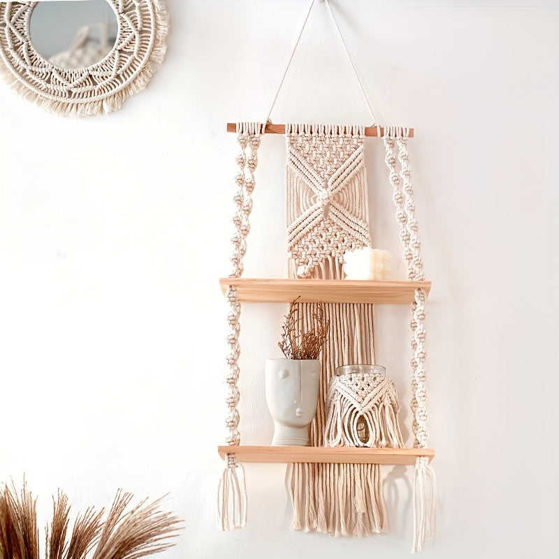 Étagère murale en macramé bohème | 2 niveaux, 75 × 35 cm