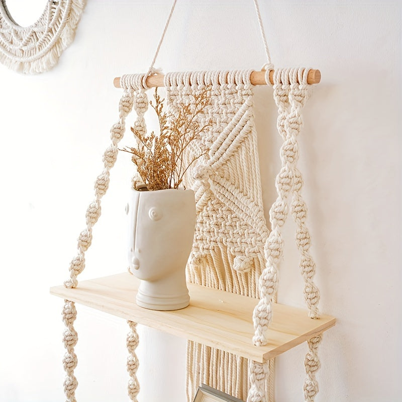 Étagère murale en macramé bohème | 2 niveaux, 75 × 35 cm