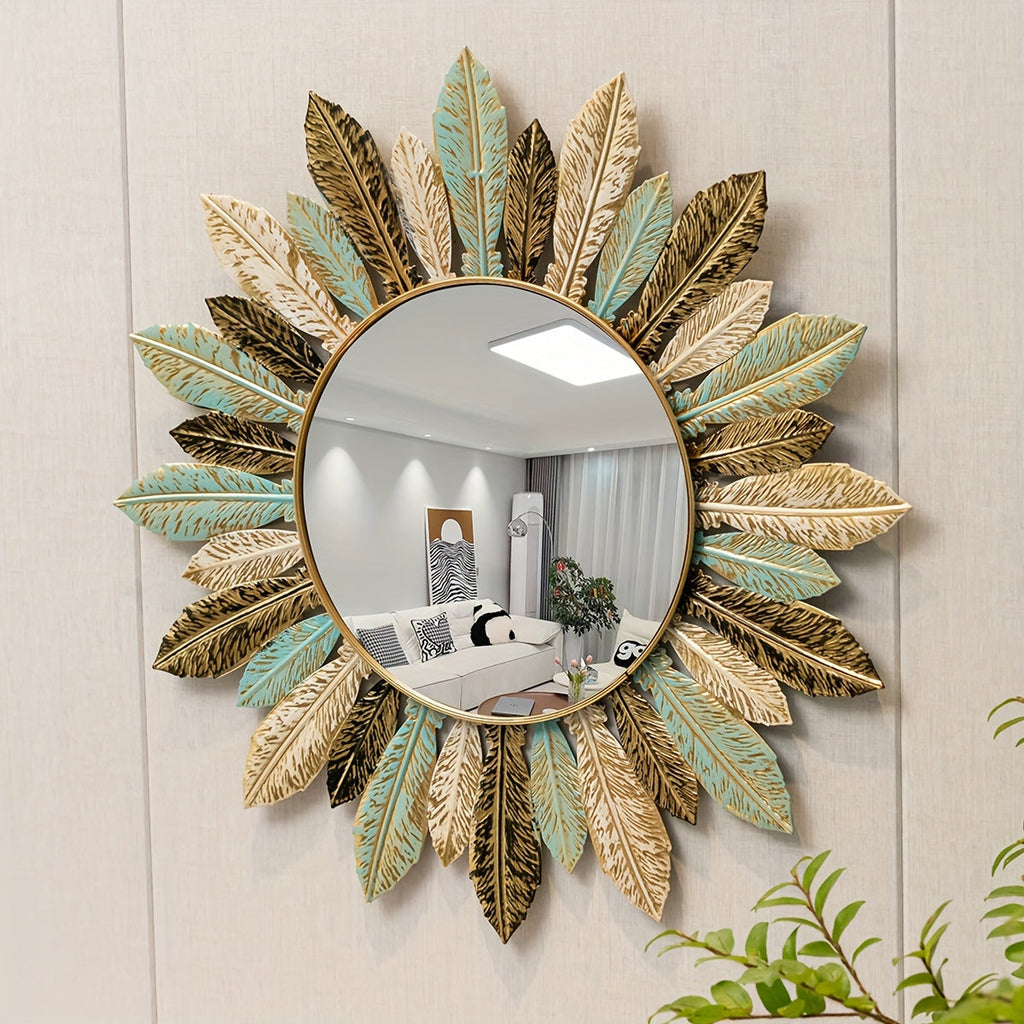 Miroir mural soleil bohème | Métal bleu canard et doré