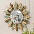 Miroir mural soleil bohème | Métal bleu canard et doré
