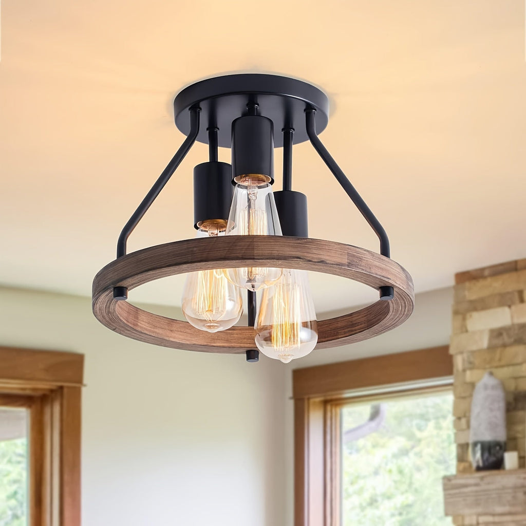 Plafonnier industriel anneau bois | 3 lumières E27, 32 cm