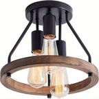 Plafonnier industriel anneau bois | 3 lumières E27, 32 cm