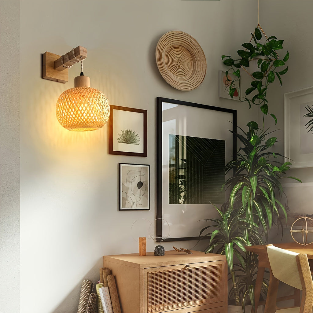 Applique murale rustique en bois | Rotin tressé à la main