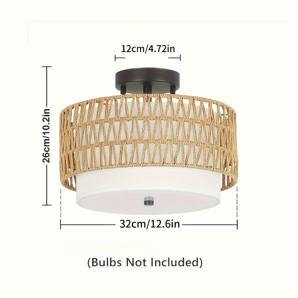 Plafonnier boho en rotin | Semi-encastré, lin, Ø 32 cm