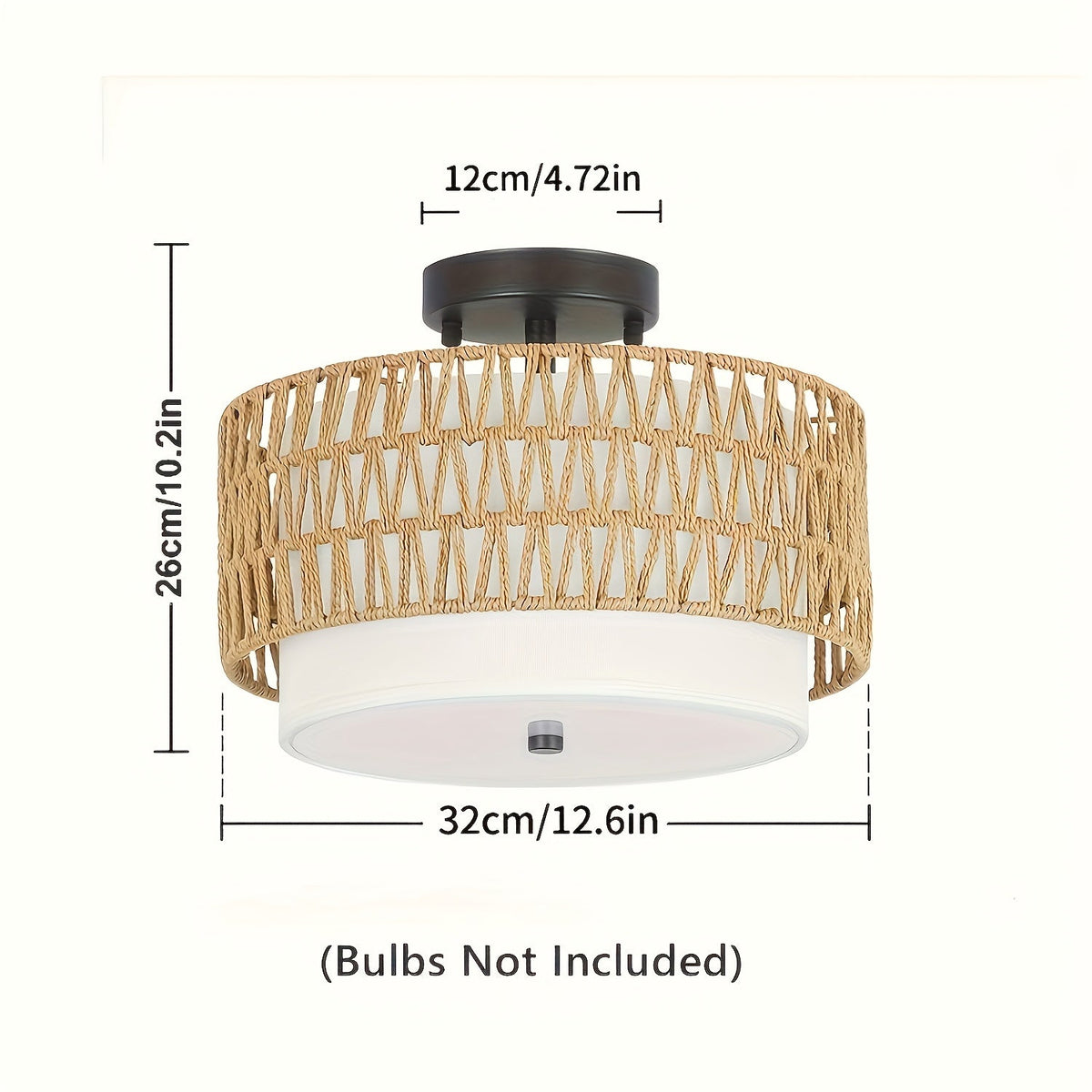 Plafonnier boho en rotin | Semi-encastré, lin, Ø 32 cm