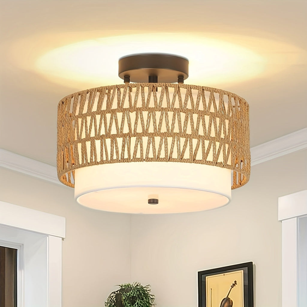 Plafonnier boho en rotin | Semi-encastré, lin, Ø 32 cm