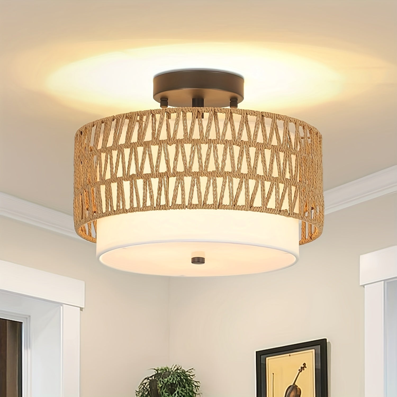Plafonnier boho en rotin | Semi-encastré, lin, Ø 32 cm