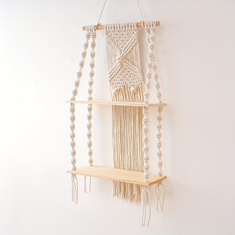 Étagère murale en macramé bohème | 2 niveaux, 75 × 35 cm