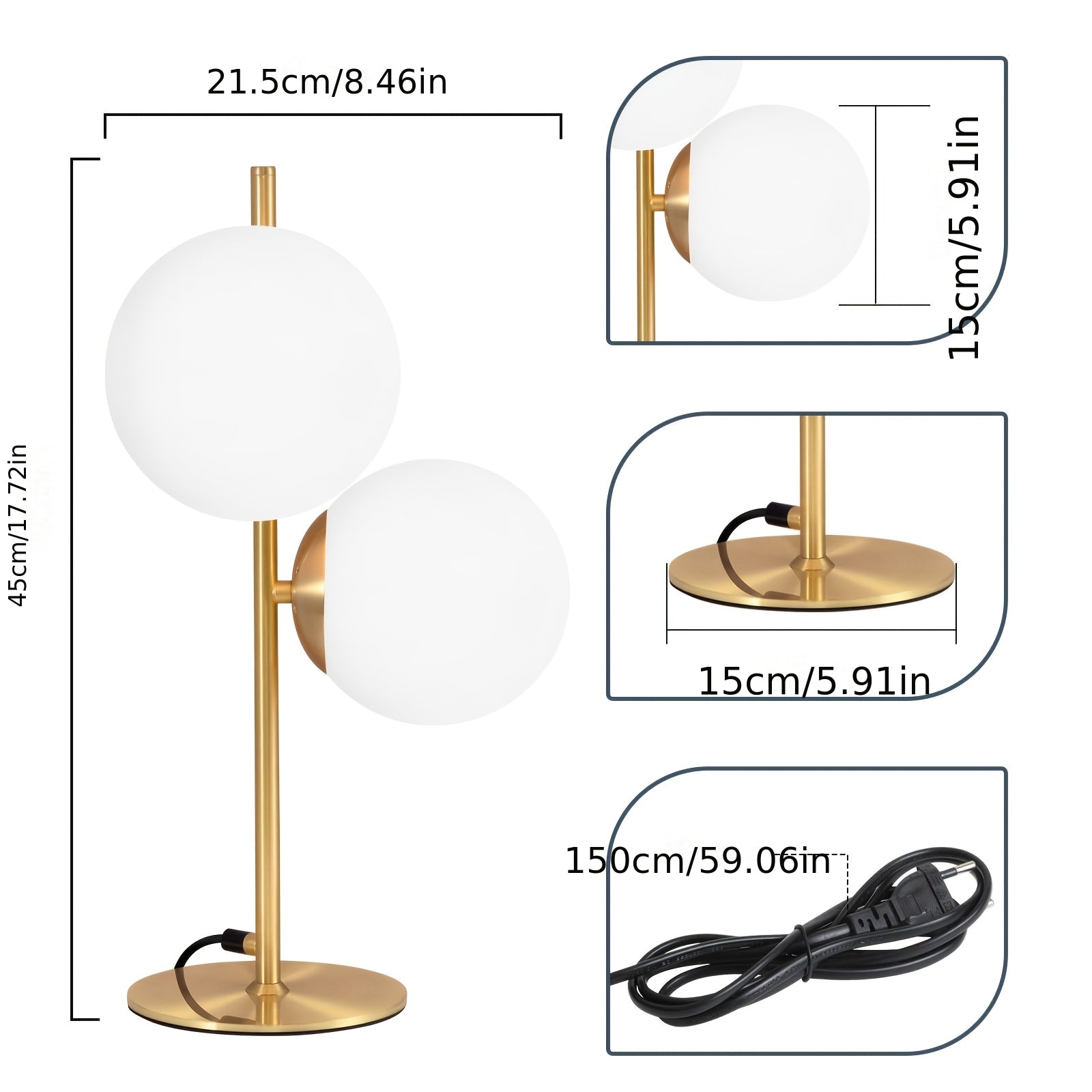 Lampe à poser dorée | Globe en verre blanc, 2 formats