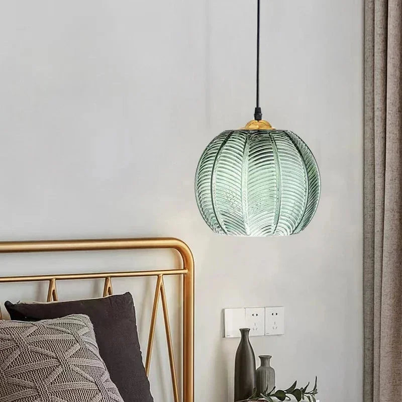 Suspension en verre strié vert | Forme citrouille rétro