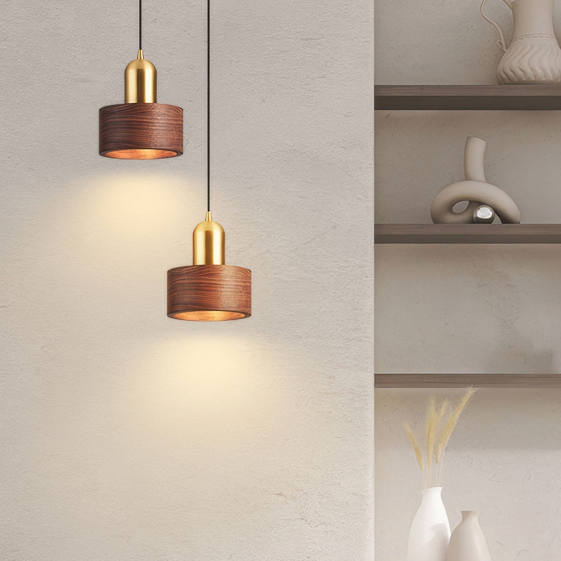 Suspension cylindrique | Noyer et laiton, style japonais