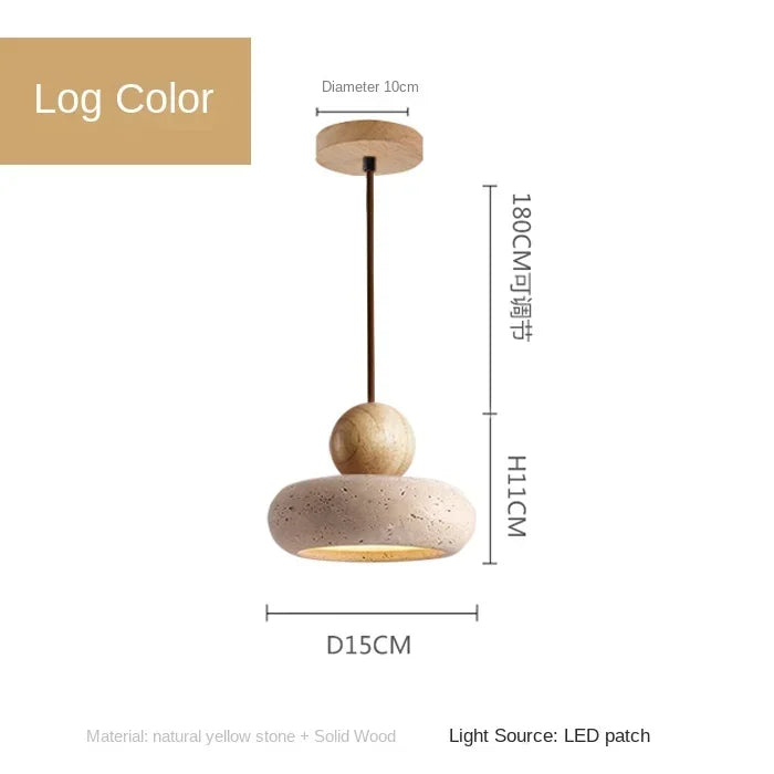 Suspension en pierre naturelle et bois | LED intégrée, Ø 15 cm