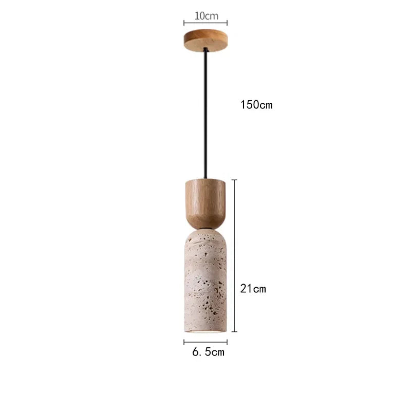 Suspension Wabi-Sabi travertin et bois | Ø 6,5 cm