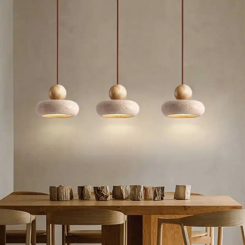 Suspension en pierre naturelle et bois | LED intégrée, Ø 15 cm