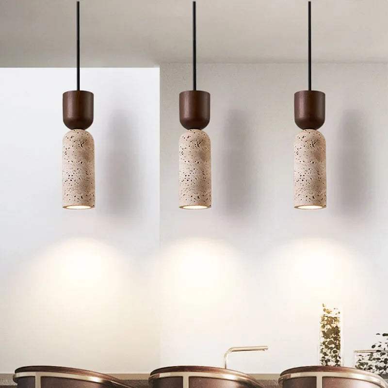 Suspension Wabi-Sabi travertin et bois | Ø 6,5 cm