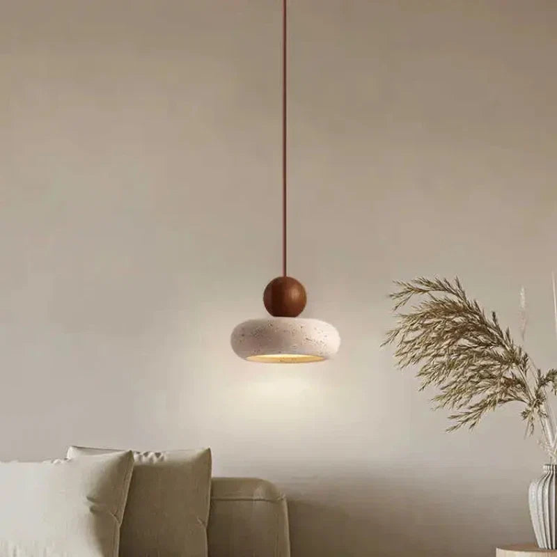 Suspension en pierre naturelle et bois | LED intégrée, Ø 15 cm
