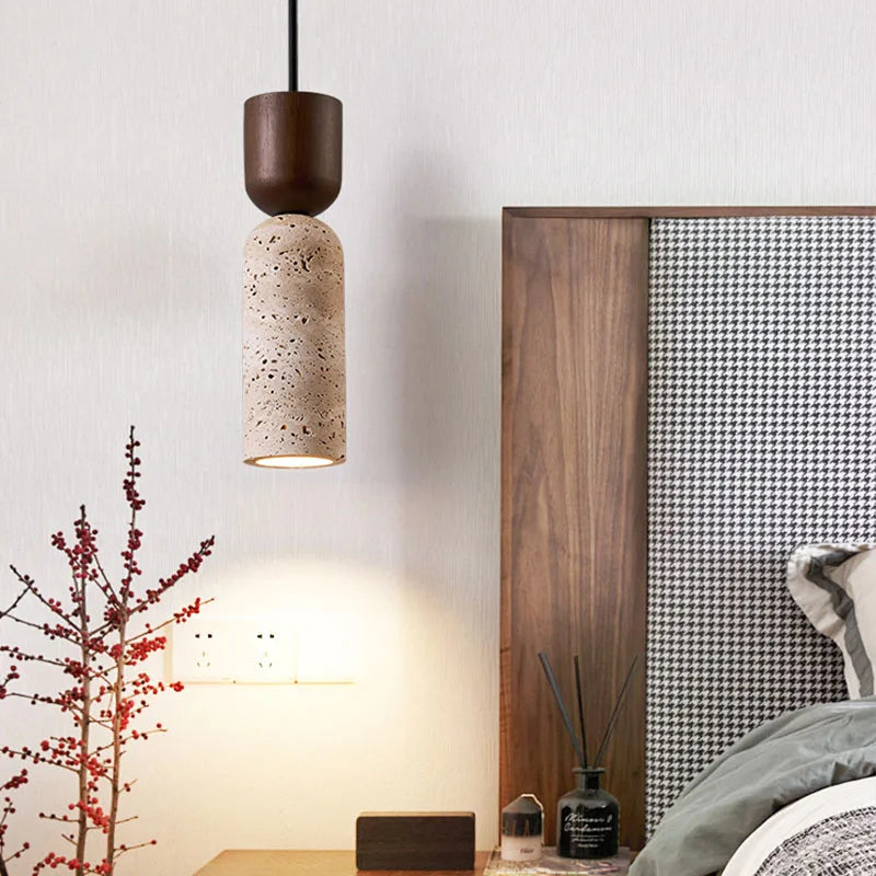 Suspension Wabi-Sabi travertin et bois | Ø 6,5 cm