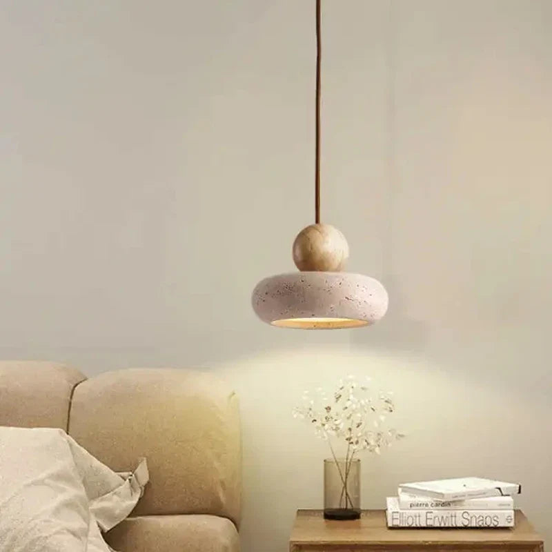 Suspension en pierre naturelle et bois | LED intégrée, Ø 15 cm