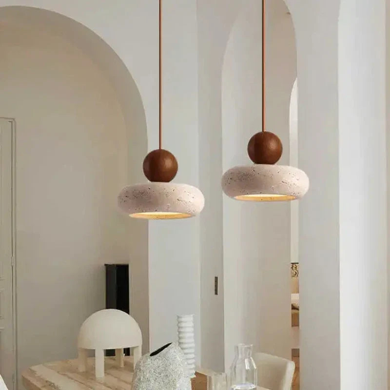 Suspension en pierre naturelle et bois | LED intégrée, Ø 15 cm