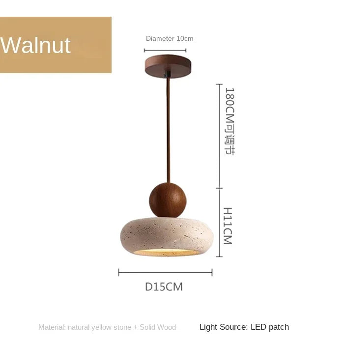Suspension en pierre naturelle et bois | LED intégrée, Ø 15 cm