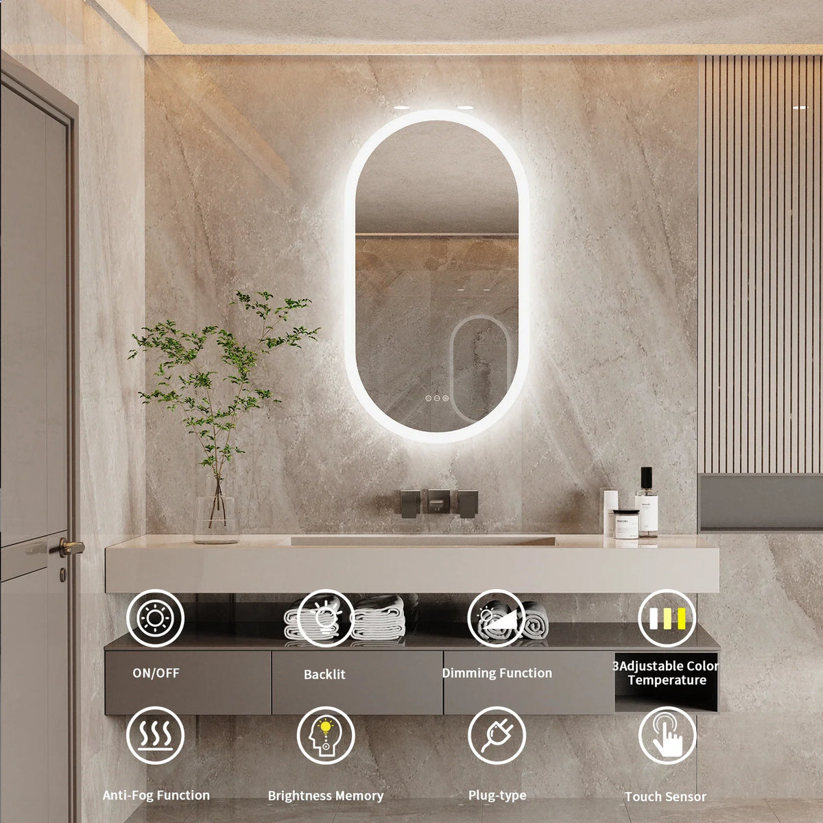 LumoOval | Miroir LED ovale anti-buée, 3 tailles