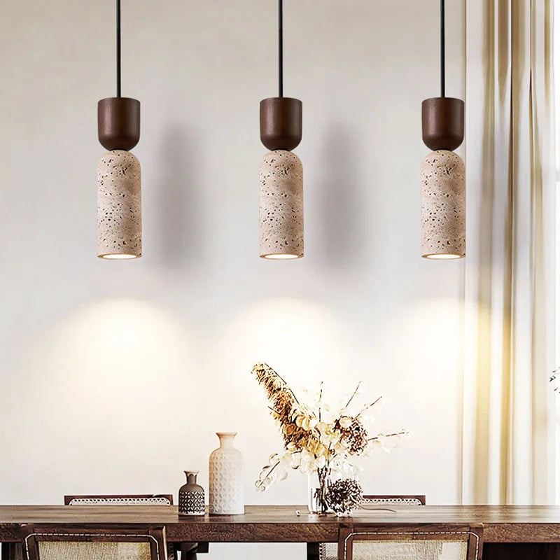 Suspension Wabi-Sabi travertin et bois | Ø 6,5 cm