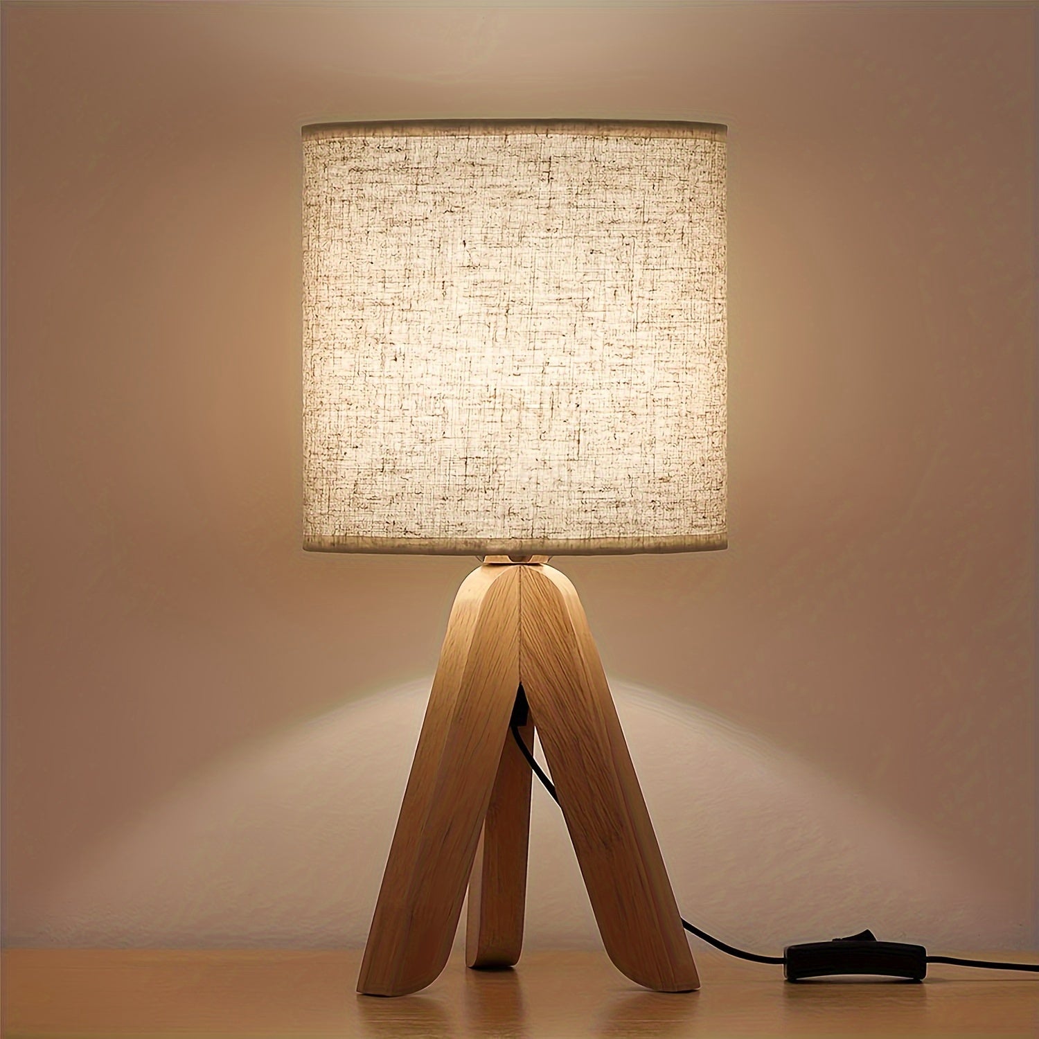 Lampe à poser trépied en bois | Abat-jour tissu, 39 cm