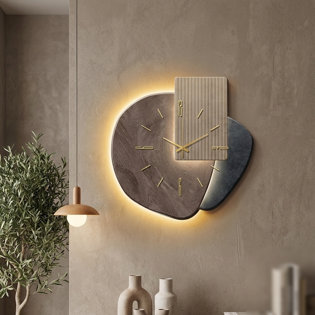 LumoClock modèle E, horloge murale LED bois foncé et bleu-gris, allumée au-dessus d'une console