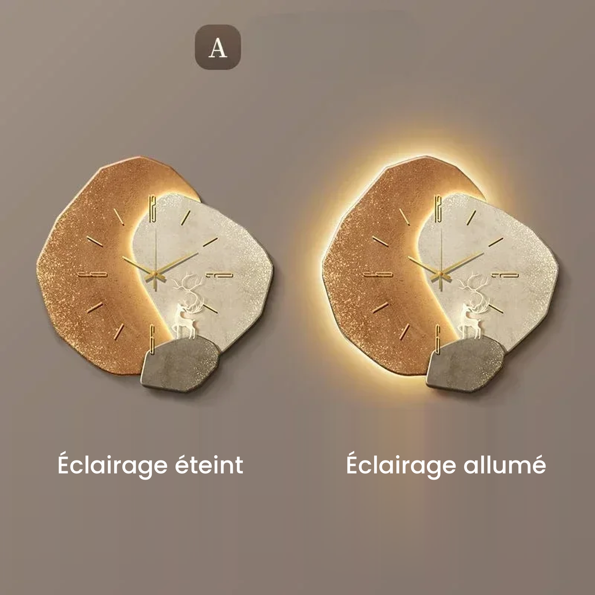 LumoClock modèle A, comparaison éclairage éteint et éclairage allumé