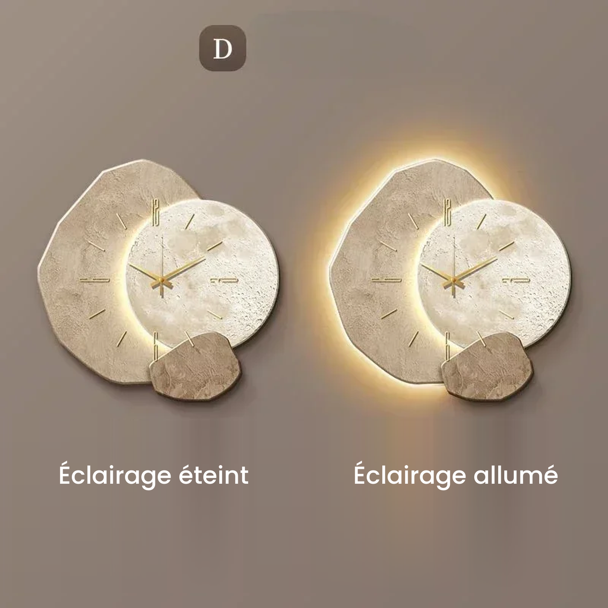 LumoClock modèle D, comparaison éclairage éteint et éclairage allumé