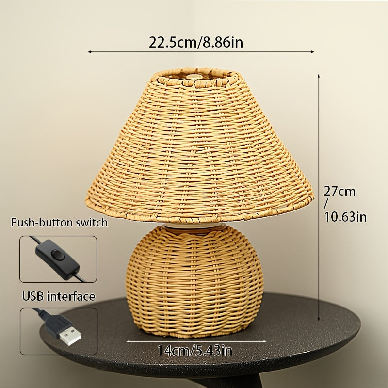 Lampe de bureau en bambou tressé | USB 5 V, esprit boho