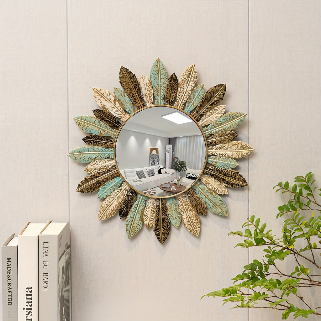 Miroir mural soleil bohème | Métal bleu canard et doré