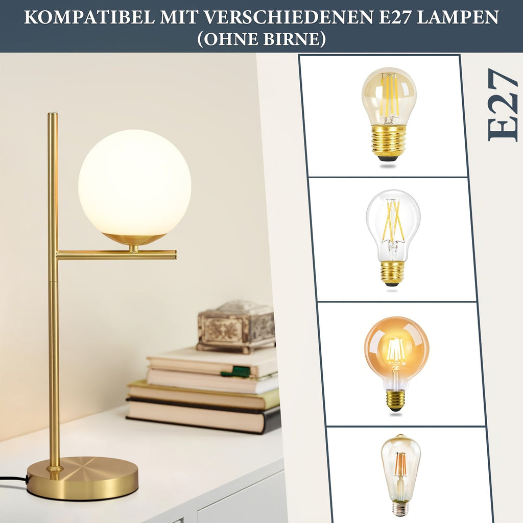 Lampe à poser dorée | Globe en verre blanc, 2 formats
