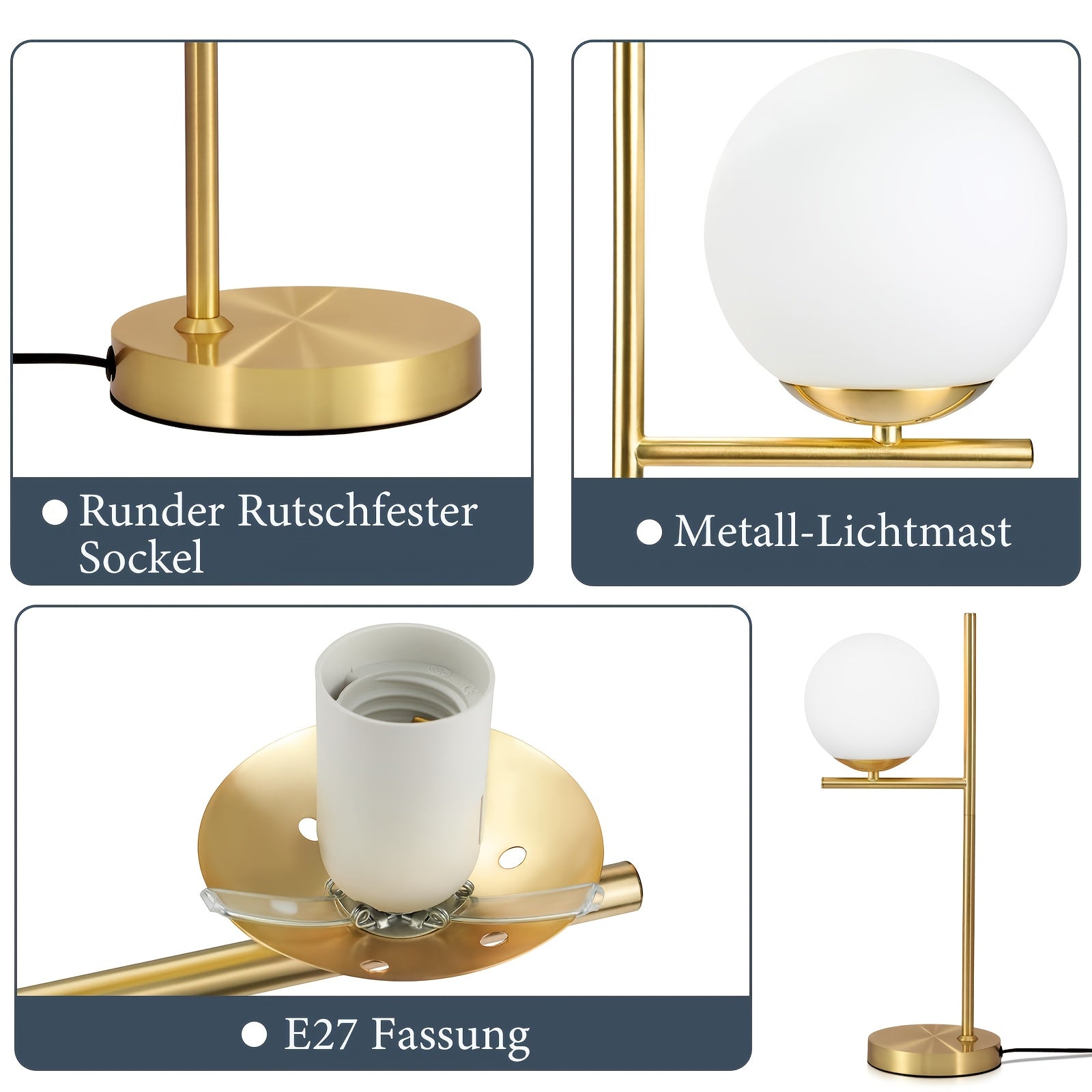 Lampe à poser dorée | Globe en verre blanc, 2 formats